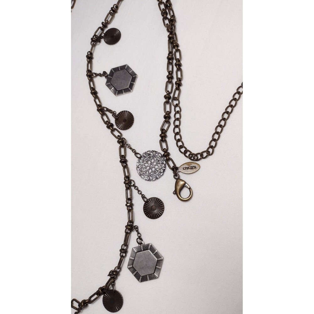 Chico's Necklace Silver Tone Embossed Charms Long 40" - Picture 3 of 5